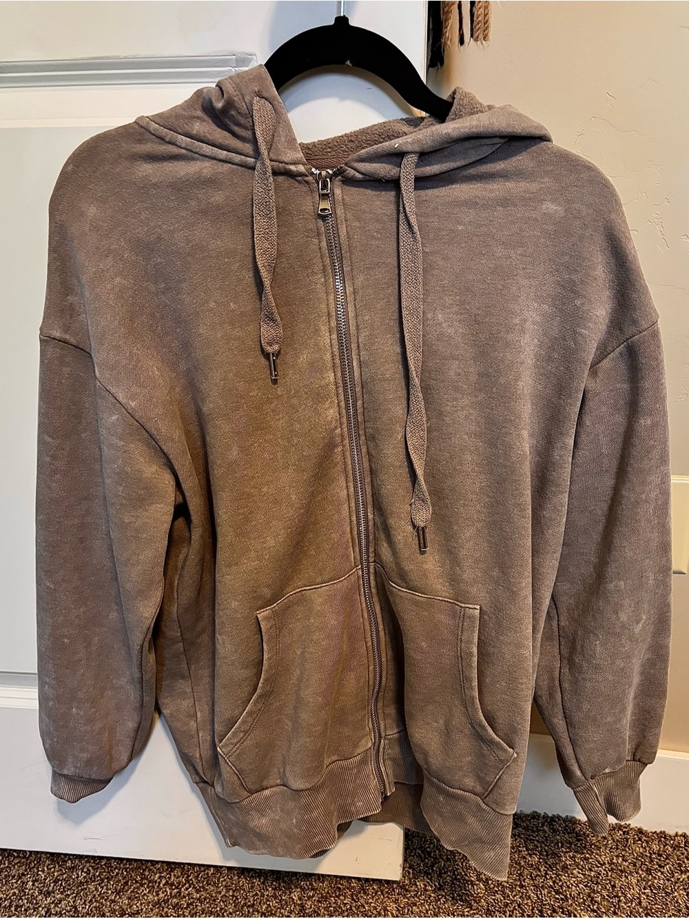 No Boundaries Light Taupe Zip-Up Hoodie with Silver Zipper